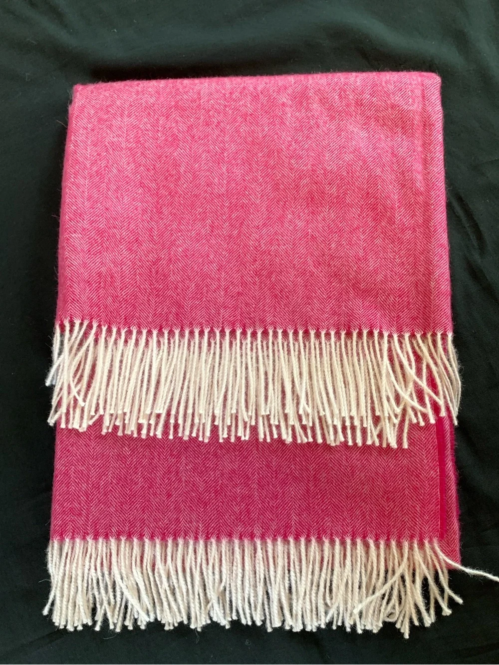 Soft Pink & Cream Herringbone Wool Blend Throw Blanket w/ Fringe 52.5”x67